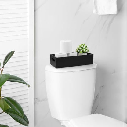 ALELION 15 Inch Black Wood Bathroom Storage Basket with Handles, Toilet Paper Basket for Back of Toilet Tank Top, Wooden Organizer Tray for Bathroom Countertop, Vanity, Kitchen, Pantry, Laundry Room