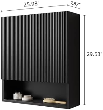 USHOWER Black Bathroom Wall Cabinet with Fluted Doors & Open Shelf