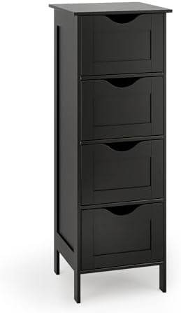 VINGLI Black Bathroom Storage Cabinet with 4 Drawers, Slim Freestanding Floor Cabinet for Small Spaces, Narrow Side Organizer Storage Unit for Restroom, Living Room & Kitchen, Farmhouse Style