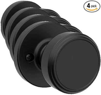 Kwikset Maven Interior Passage Door Knob, Handle for Closet and Hallway Doors, Round Non-Locking Doorknob in Matte Black, with Microban Protection (Pack of 4)