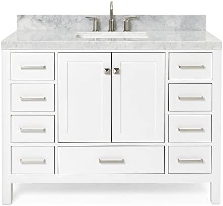 ARIEL Cambridge 48-inch Bathroom Vanity with Sink,Solid Wood, 2-inch Italian Carrara Marble Countertop, Single Rectangular Porcelain Sink, 2 Soft Closing Doors, 9 Dovetail Drawers, White