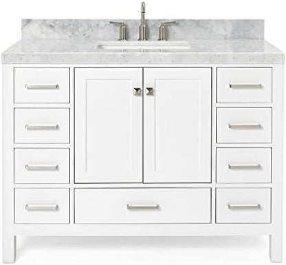ARIEL Cambridge 48-inch Bathroom Vanity with Sink,Solid Wood, 2-inch Italian Carrara Marble Countertop, Single Rectangular Porcelain Sink, 2 Soft Closing Doors, 9 Dovetail Drawers, White