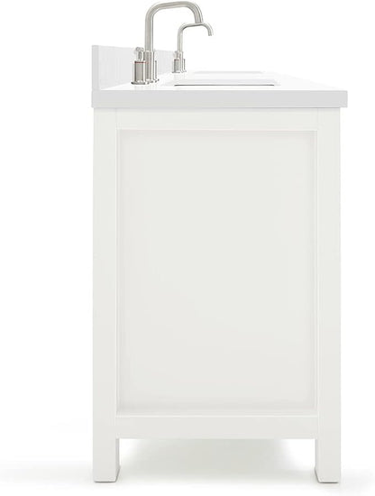 ARIEL Bristol 72-inch Bathroom Vanity with Sink,Solid Wood, 1.5-inch Pure White Quartz Countertop & Backsplash, Double Rectangular Porcelain Sink, 4 Soft Closing Doors, 4 Dovetail Drawers, White