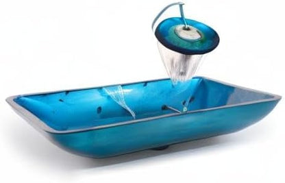 Kraus Irruption Blue Rectangular Glass Vessel Bathroom Sink with PU Satin Nickel