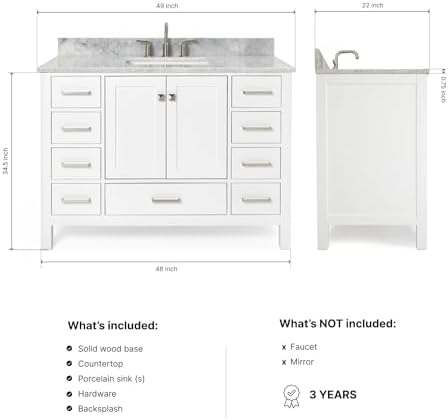 ARIEL Cambridge 48-inch Bathroom Vanity with Sink,Solid Wood, 0.75-inch Italian Carrara Marble Countertop, Single Rectangular Porcelain Sink, 2 Soft Closing Doors, 9 Dovetail Drawers, White