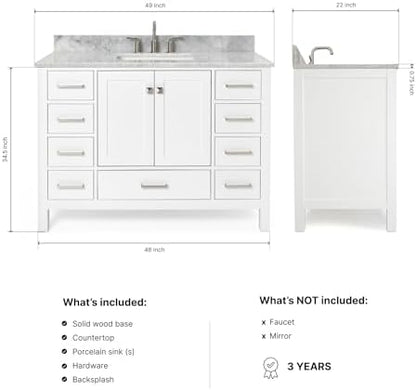 ARIEL Cambridge 48-inch Bathroom Vanity with Sink,Solid Wood, 0.75-inch Italian Carrara Marble Countertop, Single Rectangular Porcelain Sink, 2 Soft Closing Doors, 9 Dovetail Drawers, White