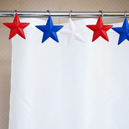 12-Piece 4th of July Red White Blue Stars Shower Curtain Hooks, Fourth of July Patriotic Stainless Steel Decorative Shower Hangers Rings for Bathroom Decor