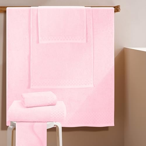 MyOwn Premium Cotton 6 Pack Towel Set for Bathroom, Contains 2 Bath Towels 28x55 inch, 2 Hand Towels 16x24 inch & 2 Wash Coths 12x12 inch, Ideal Everyday use, Compact & Lightweight - Pink