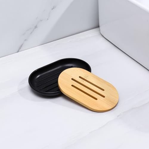 Matte Black Bathroom Accessories Set 7 Pcs,Bamboo Bathroom Accessories Sets,Black Soap Dispenser and Toothbrush Holder Set,Qtip Holder,Vanity Tray,Soap Dish,Modern Bathroom Decor