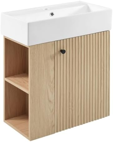 BNSPLY 22 Inch Floating Bathroom Vanity with Sink, Wall Mounted Bathroom Vanity Cabinet with Ceramic Sink, Modern Single Basin Vanities, Small Restroom Basin Cabinet with Left Side Storage, Wood