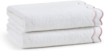 Peri Home 2 Piece Cotton Bath Towel Set, Embroidered, White, Blush Scallop