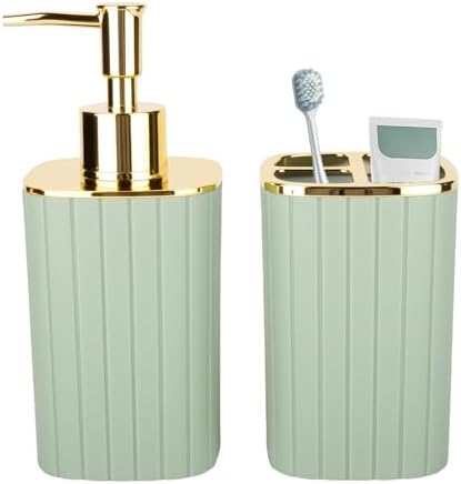 RRM Bathroom Soap Dispenser and Toothbrush Holder Set, Sage Green