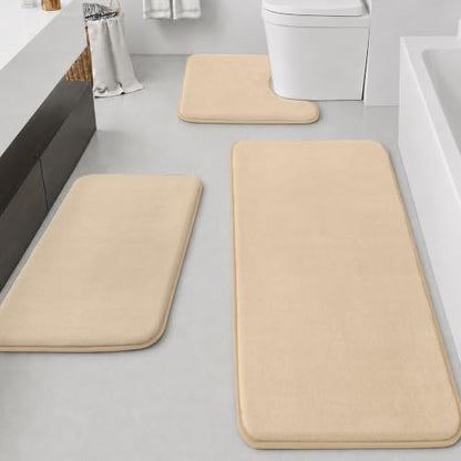 HUXMEYSON Bathroom Rugs Sets 3 Piece, Non-Slip & Quick Dry Bath Mat Set, Ultra Soft Velvet Bath Rugs for Bathroom, Toilet and Shower Floor, Light Coffee