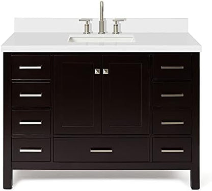 ARIEL Cambridge 48-inch Bathroom Vanity with Sink,Solid Wood, 1.5-inch Pure White Quartz Countertop, Single Rectangular Porcelain Sink, 2 Soft Closing Doors, 9 Dovetail Drawers, Espresso