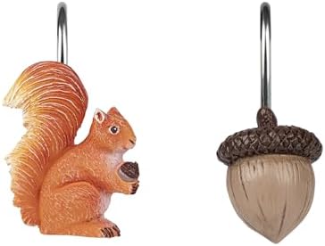 Sunlit Fall Autumn Decorative Shower Curtain Hooks, Squirrel Acorn Shower Curtain Rings, Resin, Orange Brown Cute Bathroom Curtain Hangers Decoration, Set of 12