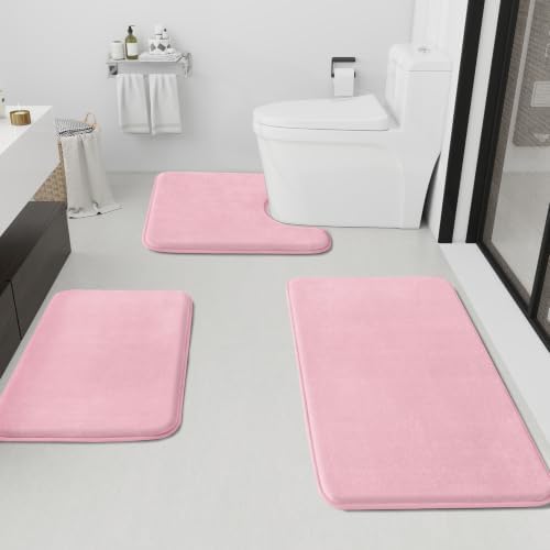 HUXMEYSON Bathroom Rugs Sets 3 Piece, Non-Slip & Quick Dry Bath Mat Set, Ultra Soft Velvet Bath Rugs for Bathroom, Toilet and Shower Floor, Rose Pink