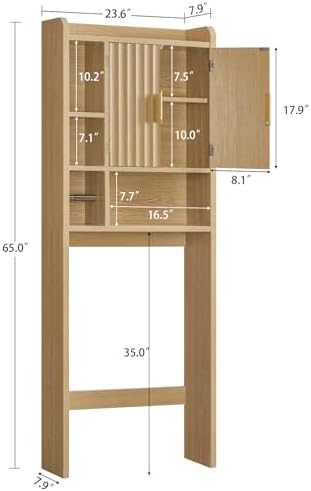 TEENFON Over The Toilet Storage Cabinet with 4 Open Shelves and Adjustable Shelf, Extra Tall Bathroom Organizer Unit with 2 Wood Doors, Home Space Saver for Bathroom, Laundry Room, Natural