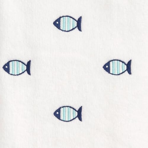 Ritz 2-Piece Cotton Velour Bathroom Hand Towel Set, Embroidered Allover Fish Design, White & Blue Nautical Decorative Towels for Lake House, Beach, Coastal Decor, 16” x 26”