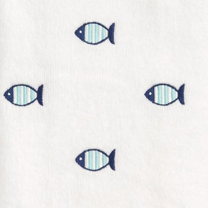Ritz 2-Piece Cotton Velour Bathroom Hand Towel Set, Embroidered Allover Fish Design, White & Blue Nautical Decorative Towels for Lake House, Beach, Coastal Decor, 16” x 26”