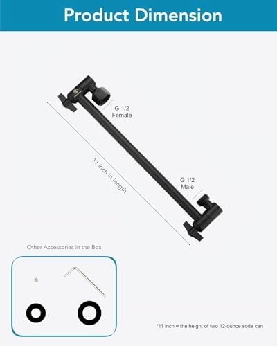 11 Inch Adjustable Shower Head Extension Arm With Locking Set Screw, Singing Rain 304 Stainless Steel Matt Black Angle Height Adjustable, Easy Install, G1/2 Universal Connector Compatible (Matt Black)