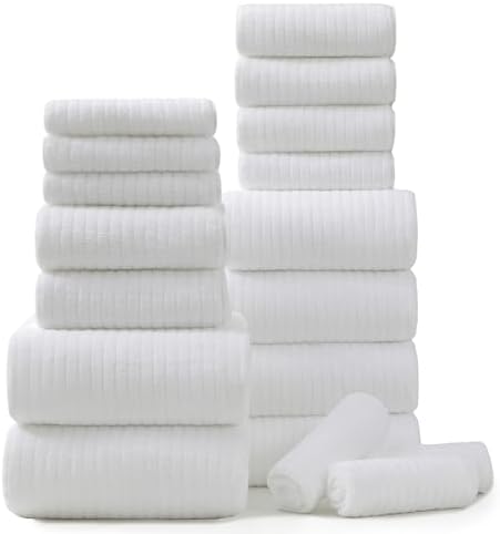 18 Piece Bath Towels Set,Ultra Soft Family Bathroom Towel Set with Hanging Loops-6 Bath Towels,6 Hand Towels,6 Washcloths,Highly Absorbent Quick Dry Shower Towel for Bathroom,Hotel,Spa-White Towel Set