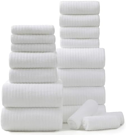 18 Piece Bath Towels Set,Ultra Soft Family Bathroom Towel Set with Hanging Loops-6 Bath Towels,6 Hand Towels,6 Washcloths,Highly Absorbent Quick Dry Shower Towel for Bathroom,Hotel,Spa-White Towel Set