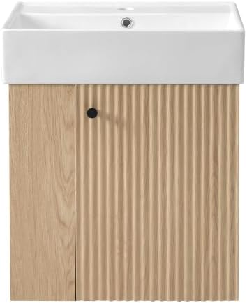 BNSPLY 22 Inch Floating Bathroom Vanity with Sink, Wall Mounted Bathroom Vanity Cabinet with Ceramic Sink, Modern Single Basin Vanities, Small Restroom Basin Cabinet with Left Side Storage, Wood