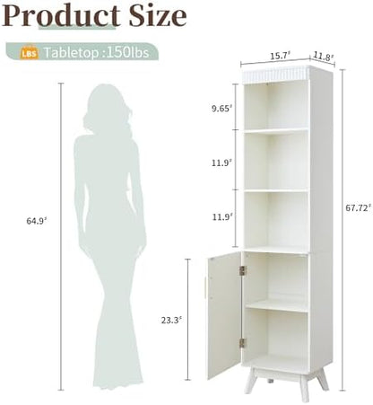 Bifins 68" Tall Bathroom Storage Cabinet,Narrow Fluted Tower Cabinet with Door and Shelves,Slim Space Saving Storage Unit for Bathroom Kitchen Living Room (White, 11.8" D x 15.75" W x 68" H)