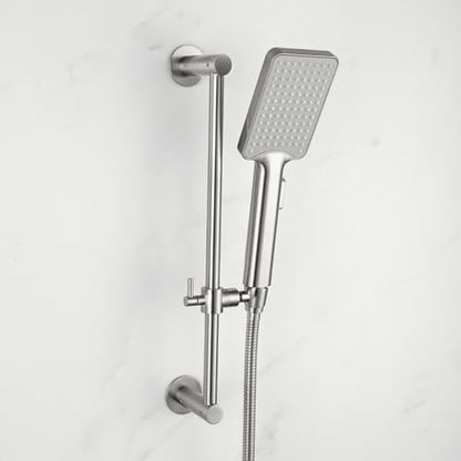 Shower Slide Bar Adjustable Handheld Shower Head Holder Wall Mount - 15inch All-Metal Shower Head Slide Bar Compatible with Bathroom Drill Free Glue Installation - Brushed