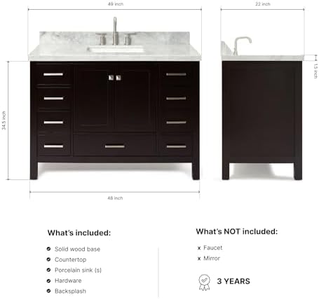 ARIEL Cambridge 48-inch Bathroom Vanity with Sink,Solid Wood, 1.5-inch Italian Carrara Marble Countertop, Single Rectangular Porcelain Sink, 2 Soft Closing Doors, 9 Dovetail Drawers, Espresso