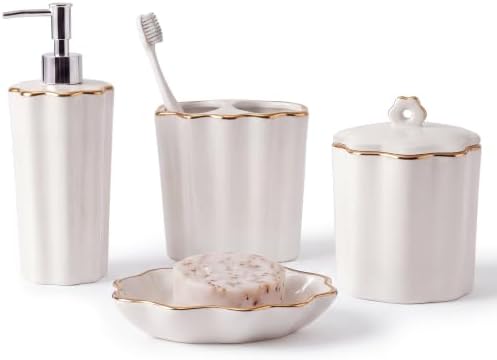Zhehao 4 Pcs Scalloped Ceramic Bathroom Accessories Set,8.5 Inch, Gold