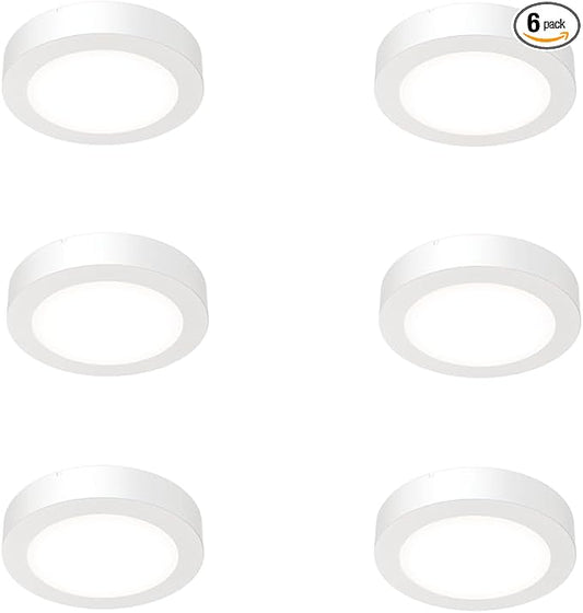 Juno Slim Basics 4 Inch LED Ceiling Light, Low Profile Surface Mount Downlight for Shower or Closet Lighting, 3000K/4000K/5000K Selectable White Light, Edged Trim, Wet Rated, Matte White, 6 Pack