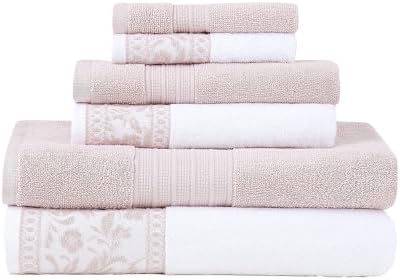 Modern Threads Allie 6-Piece 100% Cotton Towel Set – Jacquard Floral Border – Includes 2 Bath Towels, 2 Hand Towels, 2 Washcloths – Absorbent, Quick Dry, Soft & Durable – Blush Pink