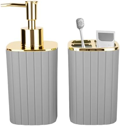 Grey Bathroom Soap Dispenser and Toothbrush Holder for Boho Bathroom Decor