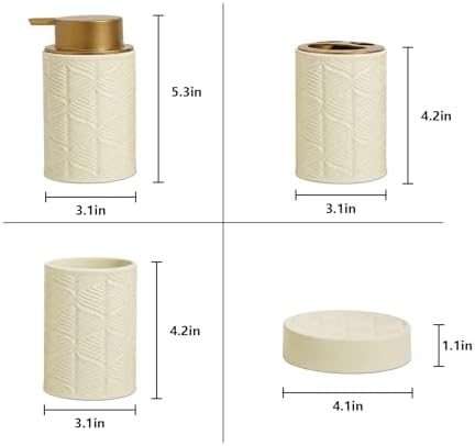 Ceramic Bathroom Accessory Set 4 Pcs with Lotion/Soap Dispenser, Toothbrush Holder, Soap Dish, Tumbler, Modern Scandinavian Bathroom Decor and Storage Set, Easy to Clean, Creamy, Beige