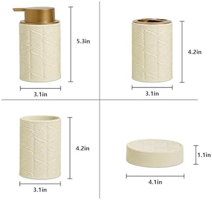 Ceramic Bathroom Accessory Set 4 Pcs with Lotion/Soap Dispenser, Toothbrush Holder, Soap Dish, Tumbler, Modern Scandinavian Bathroom Decor and Storage Set, Easy to Clean, Creamy, Beige
