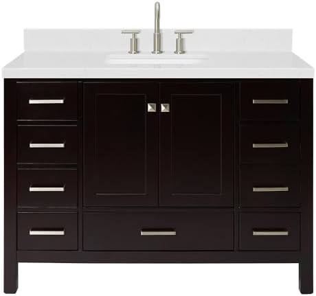 ARIEL Cambridge 48-inch Bathroom Vanity with Sink,Solid Wood, 1.5-inch Carrara White Quartz Countertop, Single Rectangular Porcelain Sink, 2 Soft Closing Doors, 9 Dovetail Drawers, Espresso