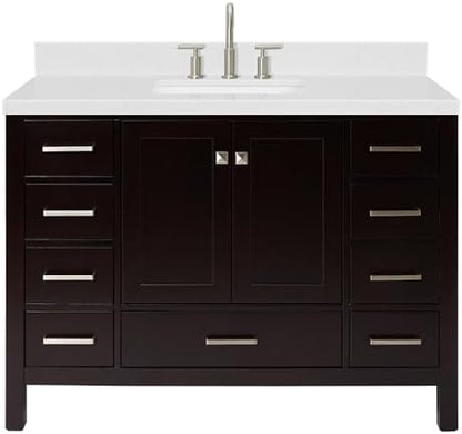 ARIEL Cambridge 48-inch Bathroom Vanity with Sink,Solid Wood, 1.5-inch Carrara White Quartz Countertop, Single Rectangular Porcelain Sink, 2 Soft Closing Doors, 9 Dovetail Drawers, Espresso
