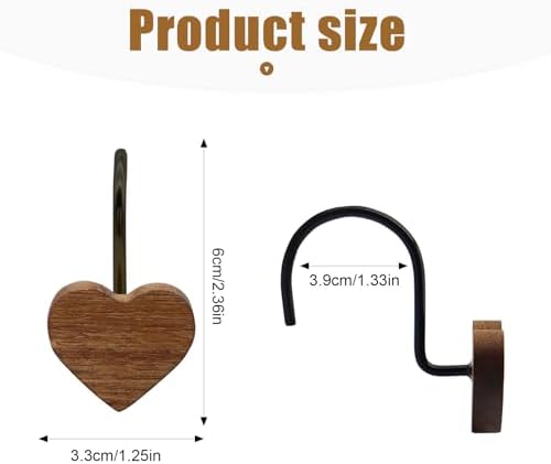 Shower Curtain Hooks, Wood Decorative Shower Curtain Rings, Modern Round Log Shower Curtain Hangers, 12PCS Shower Hooks for Shower Curtain Rod, Bedroom, Living Room (Heart-Black)