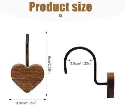 Shower Curtain Hooks, Wood Decorative Shower Curtain Rings, Modern Round Log Shower Curtain Hangers, 12PCS Shower Hooks for Shower Curtain Rod, Bedroom, Living Room (Heart-Black)