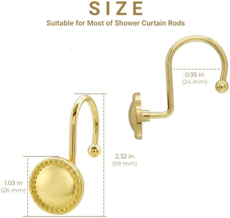 Shower Curtain Hooks,Rust-Resistant Decorative Rings,12-Pack,Gold