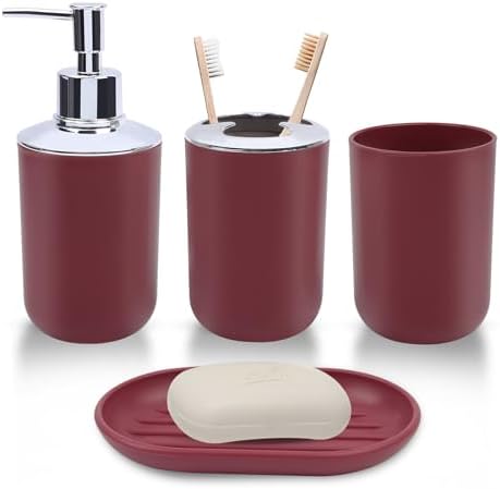LGURT Red Bath Accessories Set — 4-Pc Dispenser, Toothbrush Holder & Cup