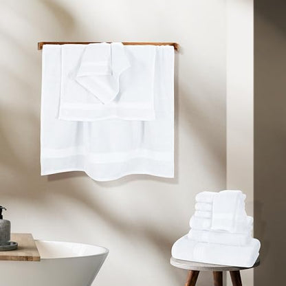 GLAMBURG Ultra Soft 24-Piece Towel Set - 100% Pure Ringspun Cotton, Contains 8 Oversized Bath Towels 27x54, 8 Hand Towels 16x28, 8 Wash Cloths 13x13 - Ideal for Everyday use, Hotel & Spa - White