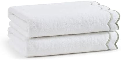 Peri Home 2 Piece Cotton Bath Towel Set, Embroidered, White, Sage Scallop