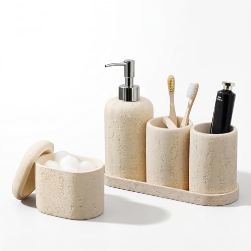 Bathroom Accessories Set, 5PCS, Travertine Stone Look, Yellow