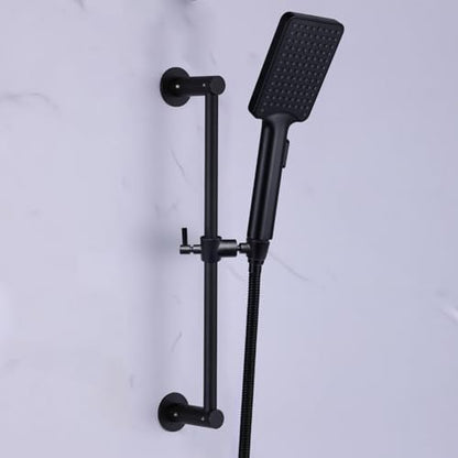 Shower Slide Bar Adjustable Handheld Shower Head Holder Wall Mount - 15inch All-Metal Shower Head Slide Bar Compatible with Bathroom Drill Free Glue Installation - Black