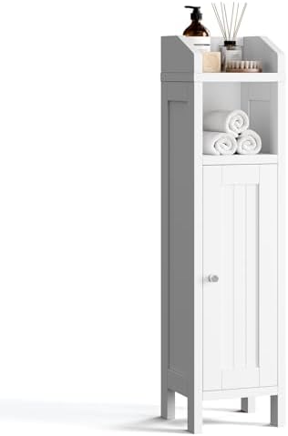 VINGLI Small Storage Corner Floor Cabinet, 7.9" Narrow Toilet Paper Storage Holder with Fluted Door, Skinny Freestanding Organizer for Small Spaces, Slim Bathroom Storage Cabinet, White