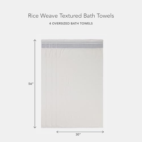 Texere 100% Organic Cotton Rice Weave Jacquard 700 GSM Luxury Bath Towel Set - 4 Large Bath Towels (Rice Weave, Cream w/Blk, 4 Bath Towels)