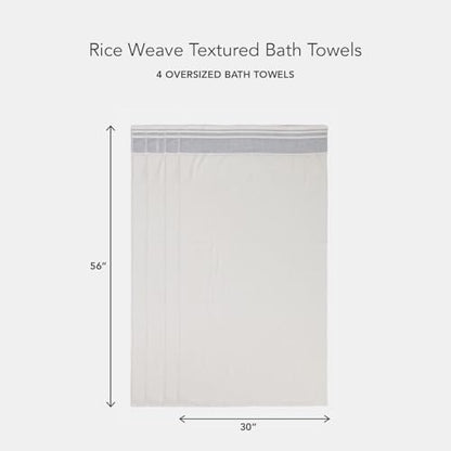 Texere 100% Organic Cotton Rice Weave Jacquard 700 GSM Luxury Bath Towel Set - 4 Large Bath Towels (Rice Weave, Cream w/Blk, 4 Bath Towels)