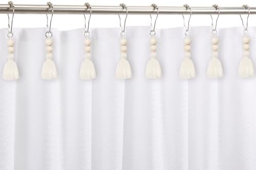 Boho Shower Curtain Hooks Rings Rustproof, CHICTIE Nautical Decorative Shower Curtain Rings with Handmade Wood Beads Tassel, Farmhouse Home Bathroom Bedroom Decor Set of 12 (Natural Cotton)